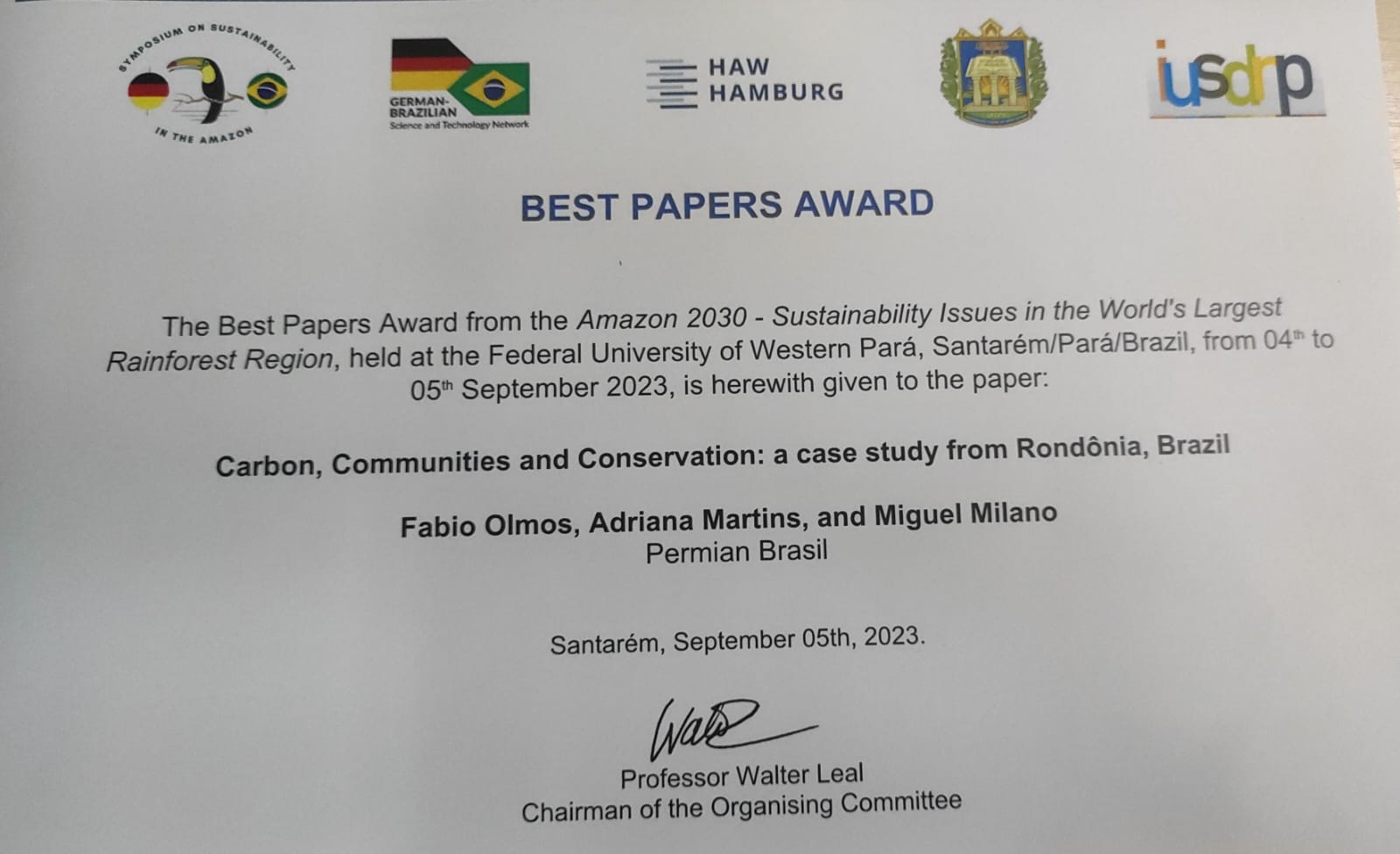 Fabio Olmos, diretor técnico da Permian Brasil, levou o prêmio de melhor case no Simpósio Amazônia 2030 com o trabalho “Carbono, Comunidades e Conservação: um Estudo de Caso de Rondônia, Brasil”